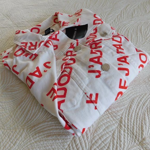 NWT Forever 21 J Adore white cotton denim cropped jean I love letter jacket F21 - Picture 16 of 16